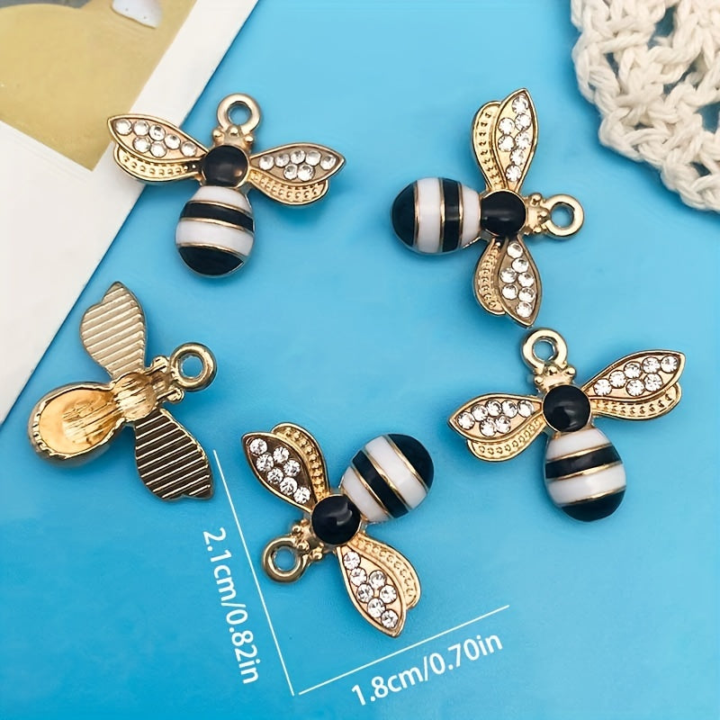 5pcs Enamel Bee Pendants Rhinestone Decor DIY Earrings Bracelet Necklace