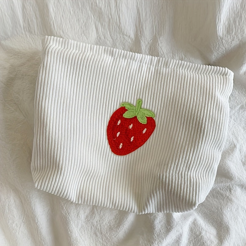 Large Capacity Strawberry Pattern Corduroy Cosmetic Bag