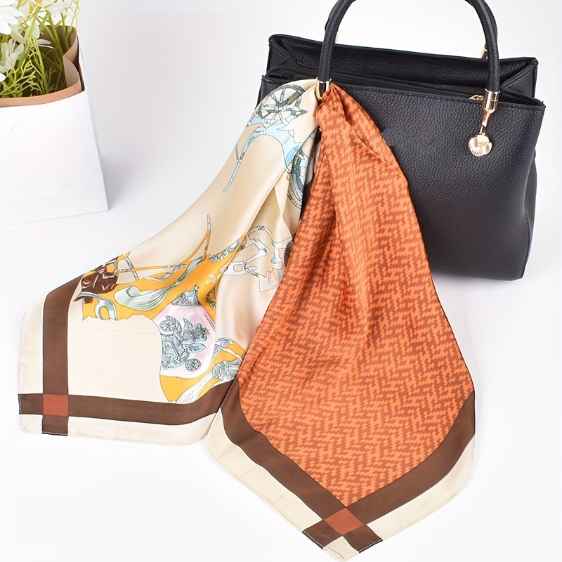 Horse Print Square Scarf Block Bandana Satin Shawl Silk Neckerchief