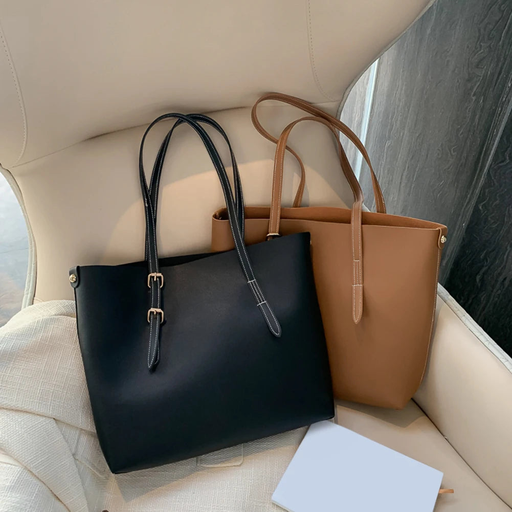 2pcs/Set PU Leather Handbag Women Casual Large Capacity Shoulder Tote Bags