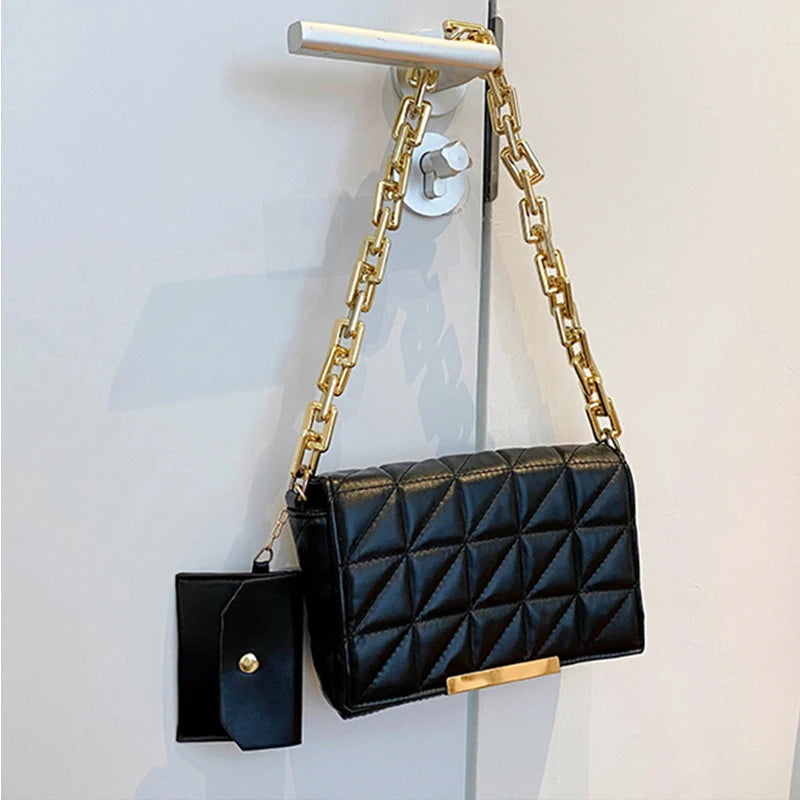 Quilting Leather Shoulder Bag with Chains Flap