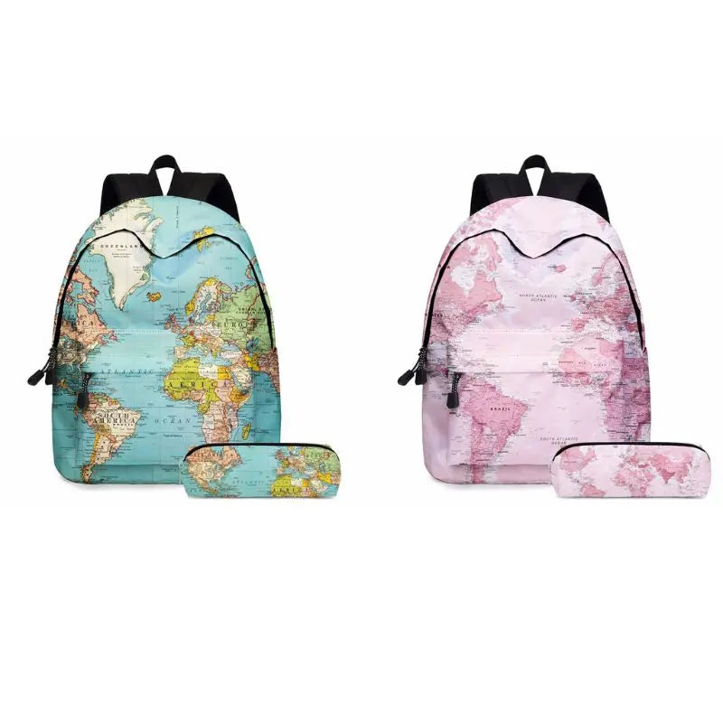 World Map Printing School Backpack with Pencil Case