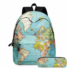 World Map Printing School Backpack with Pencil Case