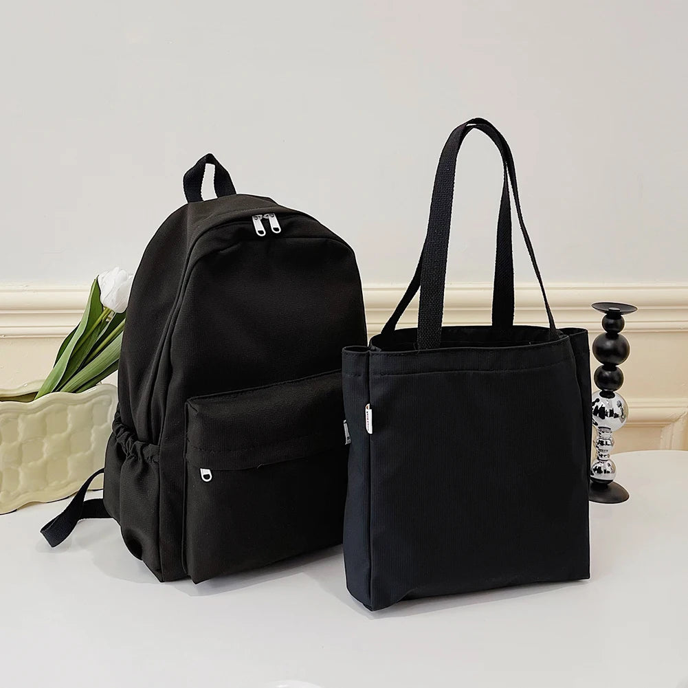 2pcs School Backpack Set Solid Rucksack with Handbag Large Capacity Shopping Bag