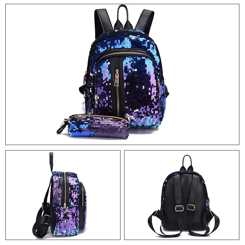 2pcs/set Sequins Women Backpack for Teenage Girl Rucksack School Bag