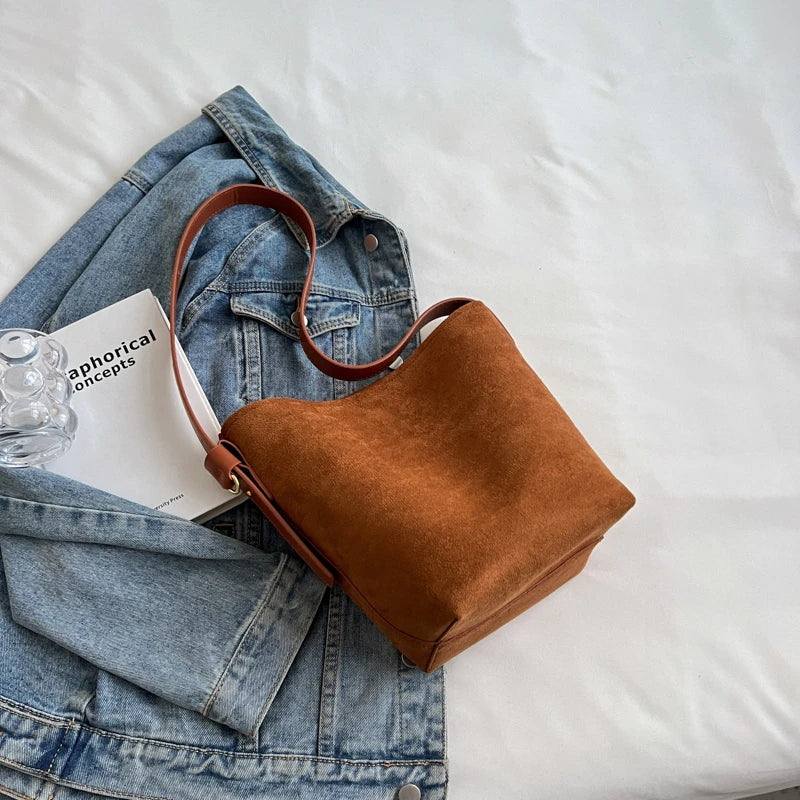 Vintage Nubuck Leather Shoulder Crossbody Bags for Women Winter Bucket Bags
