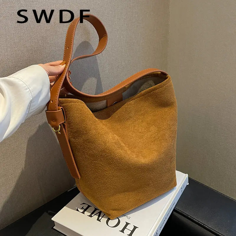 Vintage Nubuck Leather Shoulder Crossbody Bags for Women Winter Bucket Bags