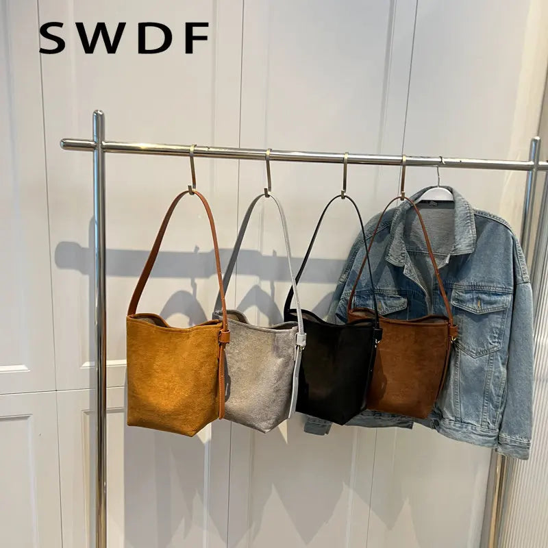 Vintage Nubuck Leather Shoulder Crossbody Bags for Women Winter Bucket Bags