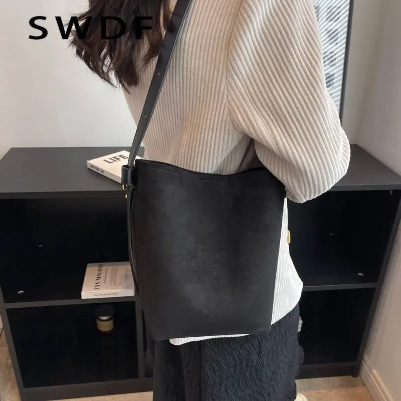 Vintage Nubuck Leather Shoulder Crossbody Bags for Women Winter Bucket Bags