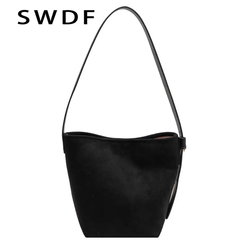 Vintage Nubuck Leather Shoulder Crossbody Bags for Women Winter Bucket Bags
