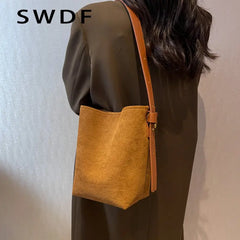 Vintage Nubuck Leather Shoulder Crossbody Bags for Women Winter Bucket Bags