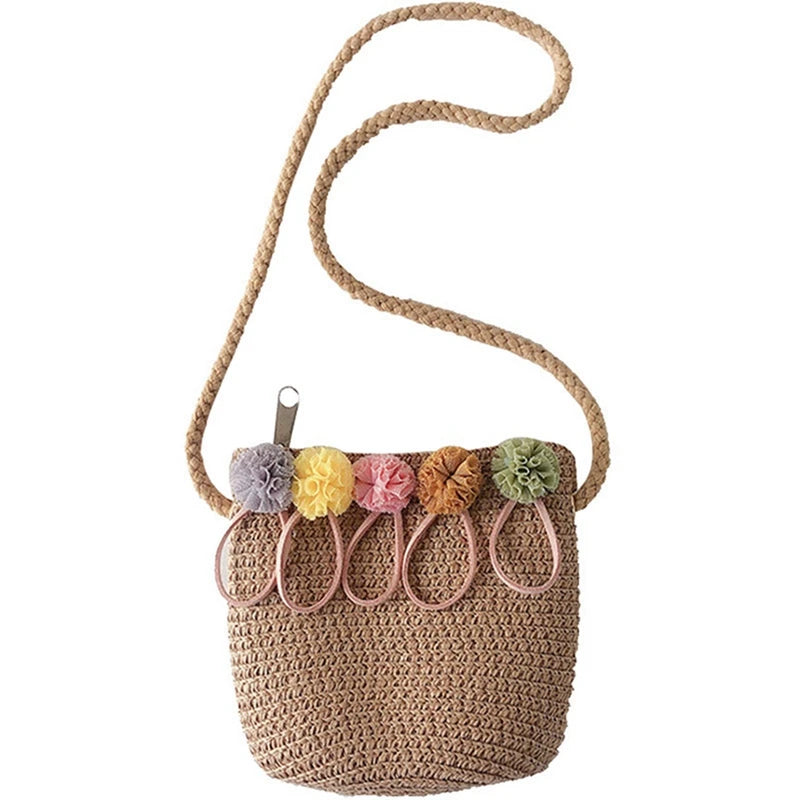 Girls Shoulder Bag Straw Rattan Crossbody Bag for Baby Girls (Pink&Khaki)