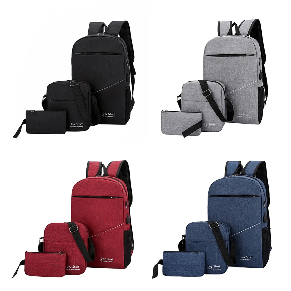 3 Piece Set Men Backpack School Bag Nylon Waterproof Bookbags