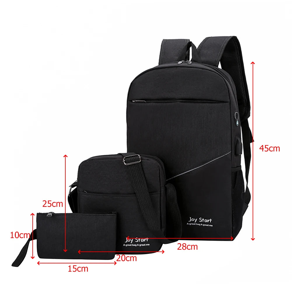 3 Piece Set Men Backpack School Bag Nylon Waterproof Bookbags