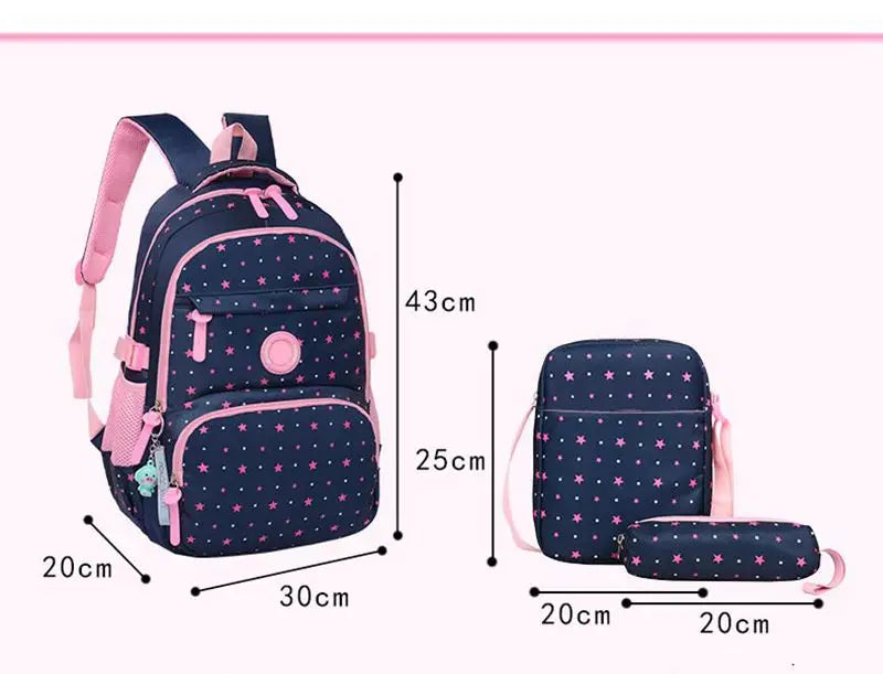 Girls Waterproof Nylon Star Pattern School Bags Set