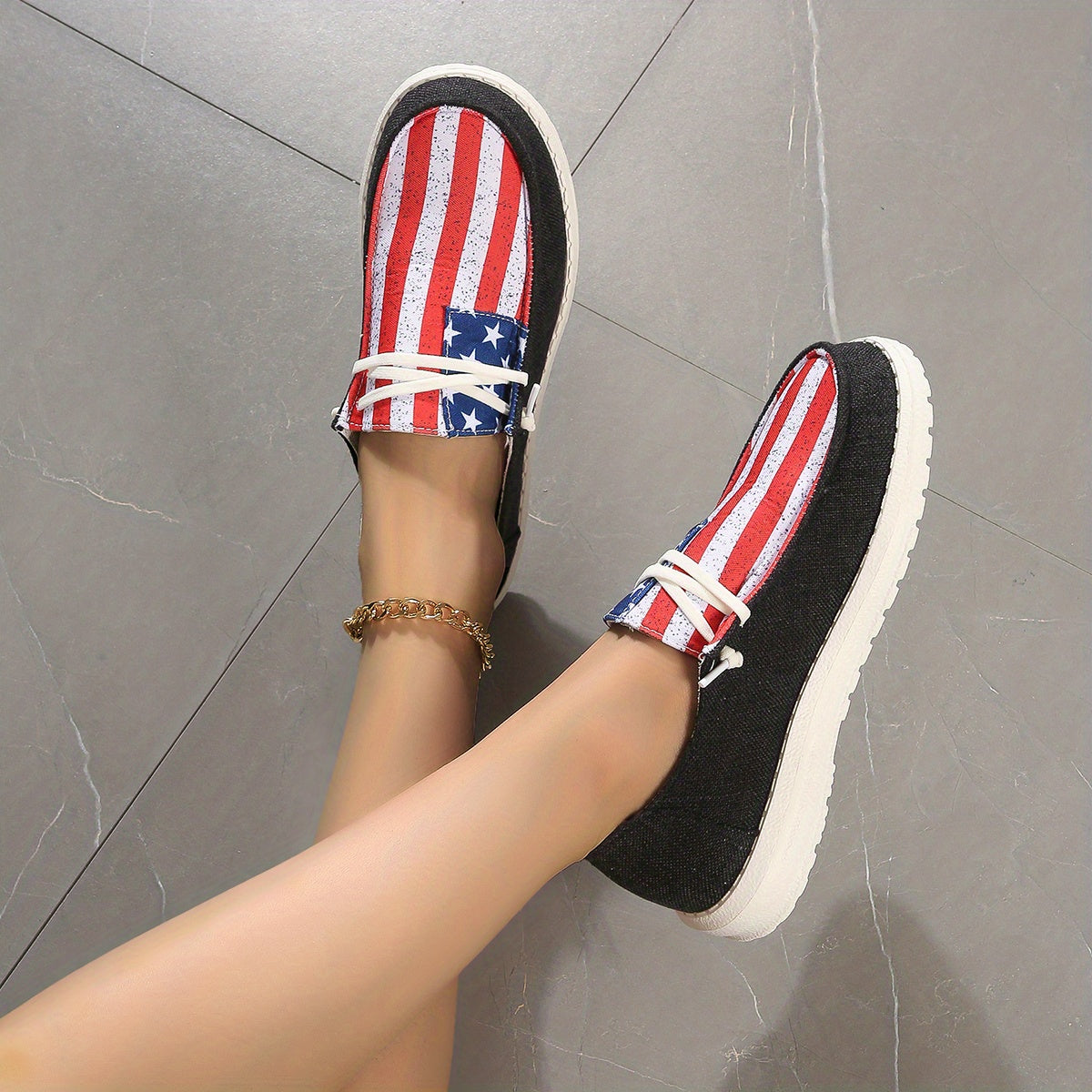 Women's Flag Pattern Patriotic Flat Shoes Lace Up Slip On Boat Shoes