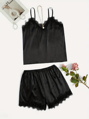 Lace Trim Pajama Set V Neck Cami Top & Shorts