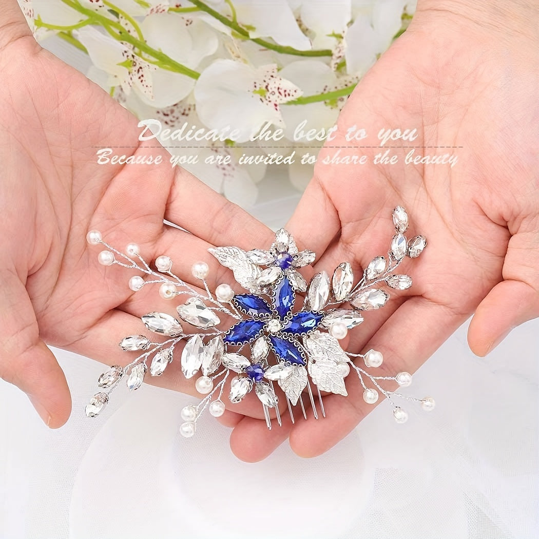Bridal Hair Comb Vintage Silver Sapphire Rhinestone Crystal Ivory Pearl