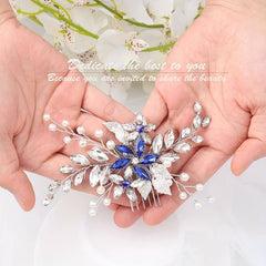 Bridal Hair Comb Vintage Silver Sapphire Rhinestone Crystal Ivory Pearl