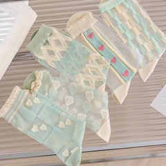 5 Pairs Floral & Heart Print Mesh Socks Women's Stockings & Hosiery