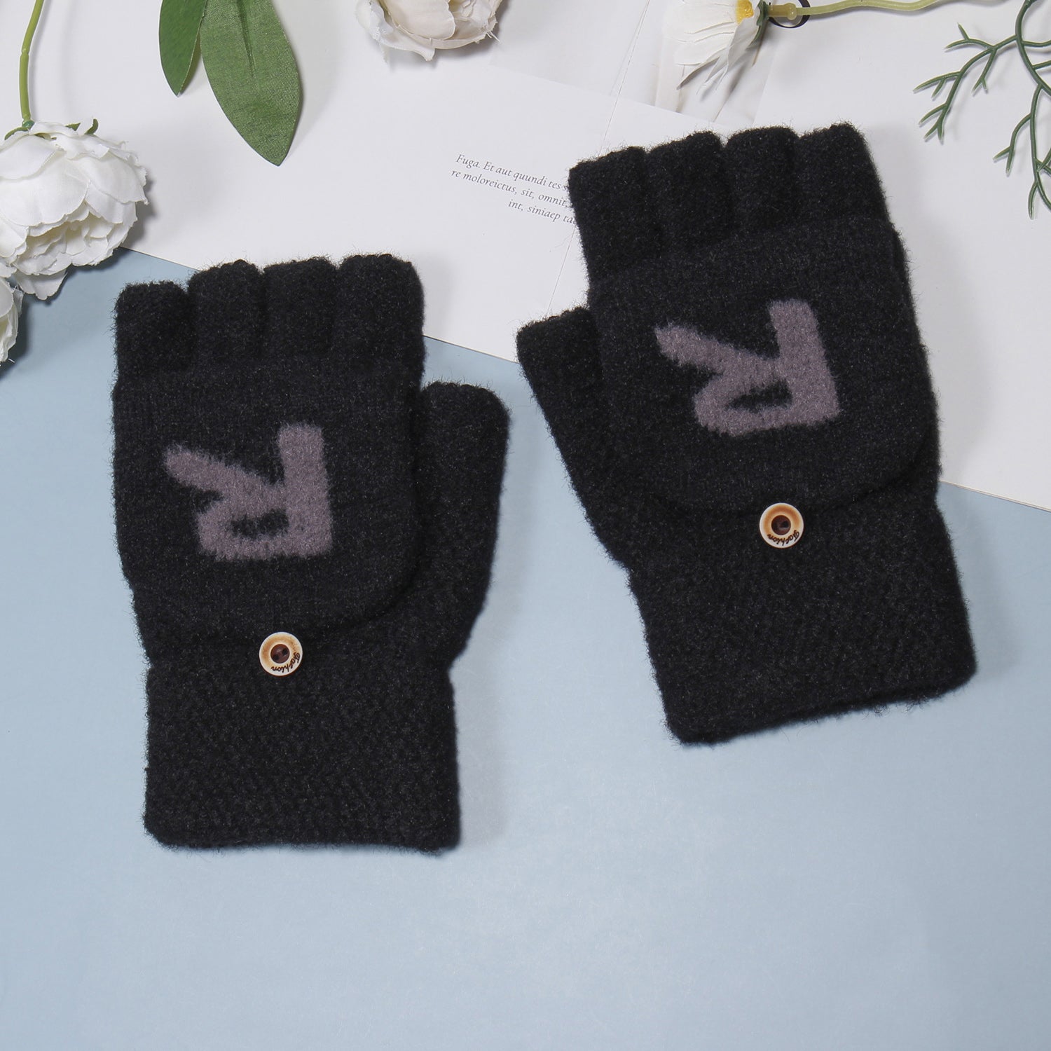 Men's Winter R Letter Knitted Fleece Gloves