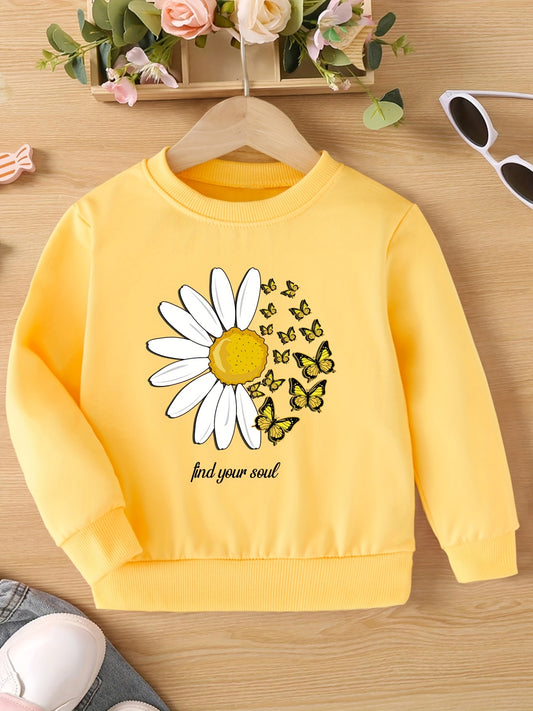 Girls Daisy Flowers Print Crewneck Sweatshirt Top