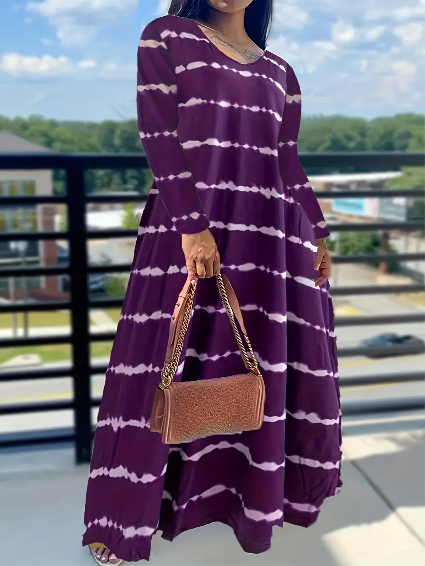  Tie Dye Long Sleeve Round Neck Maxi Dress