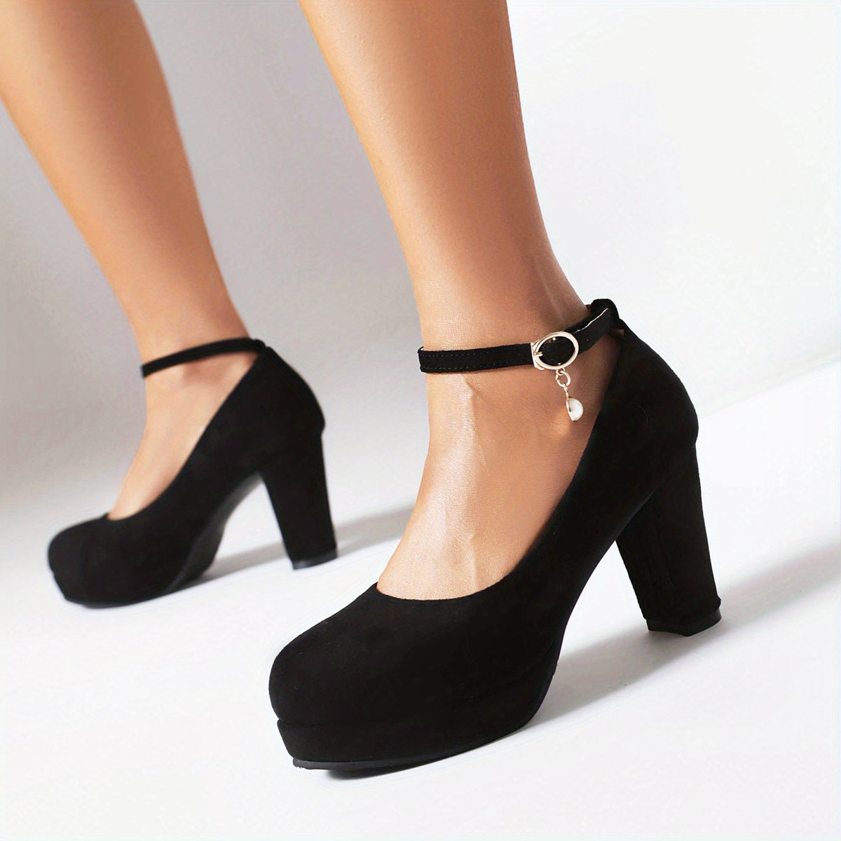 Women's Platform High Heels Ankle Strap With Faux Pearl Pendant Block Heels