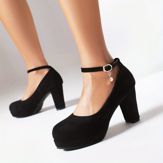 Women's Platform High Heels Ankle Strap With Faux Pearl Pendant Block Heels