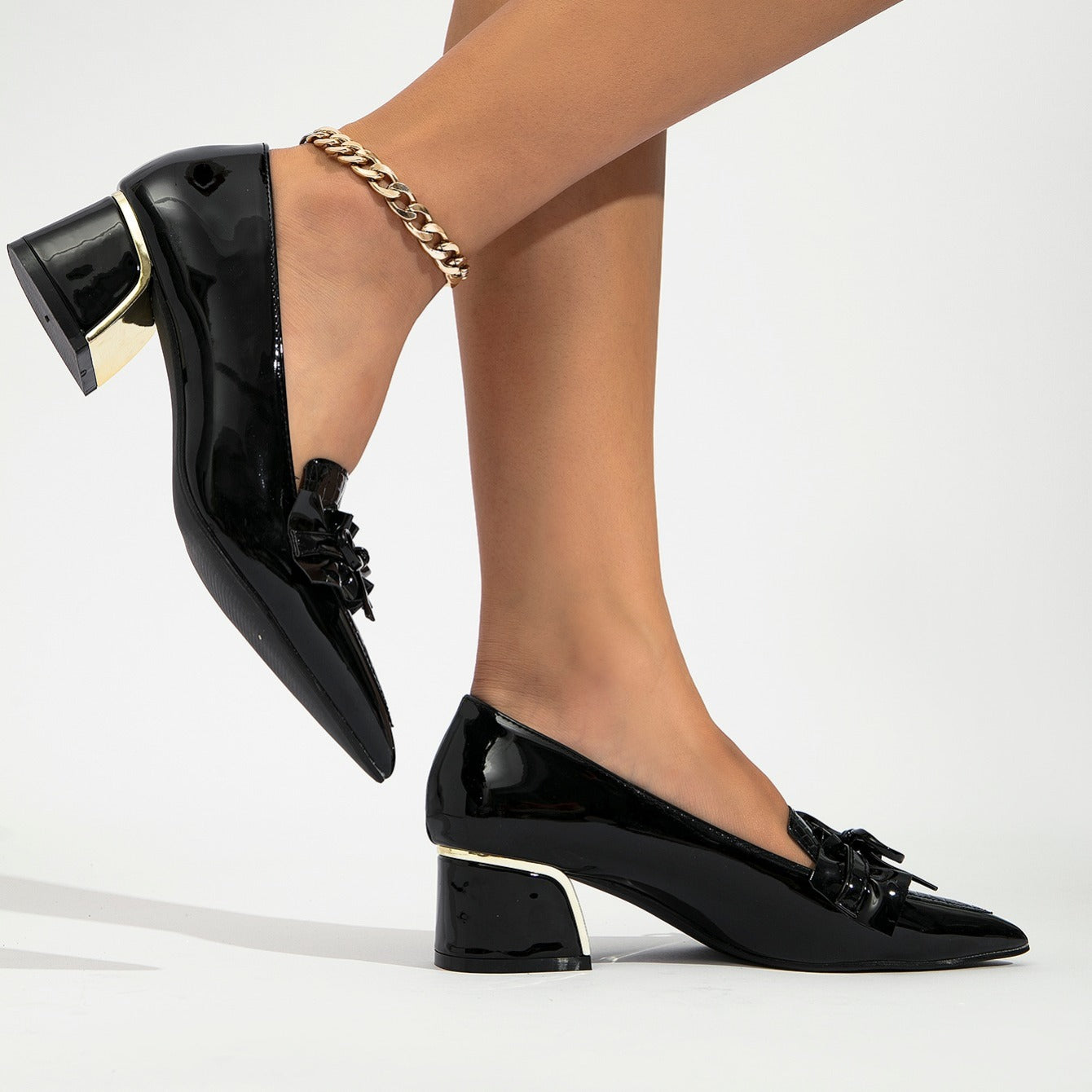 Women's Bow Faux Patent Leather Pumps Pointed Toe Chunky Heels