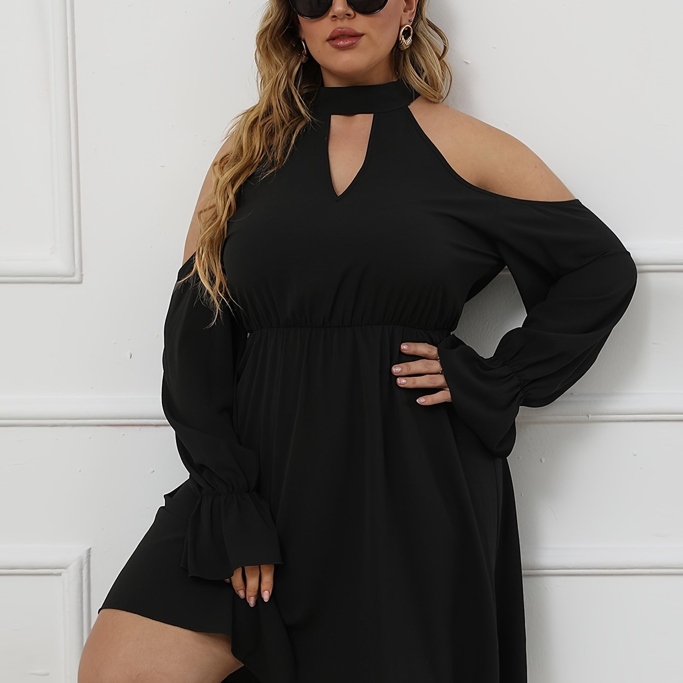  Solid Halter Neck Off Shoulder Cut Out Midi Dress