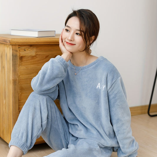 Cozy Letter Print Pajama Set with Long Sleeve Top & Elastic Waistband Pant