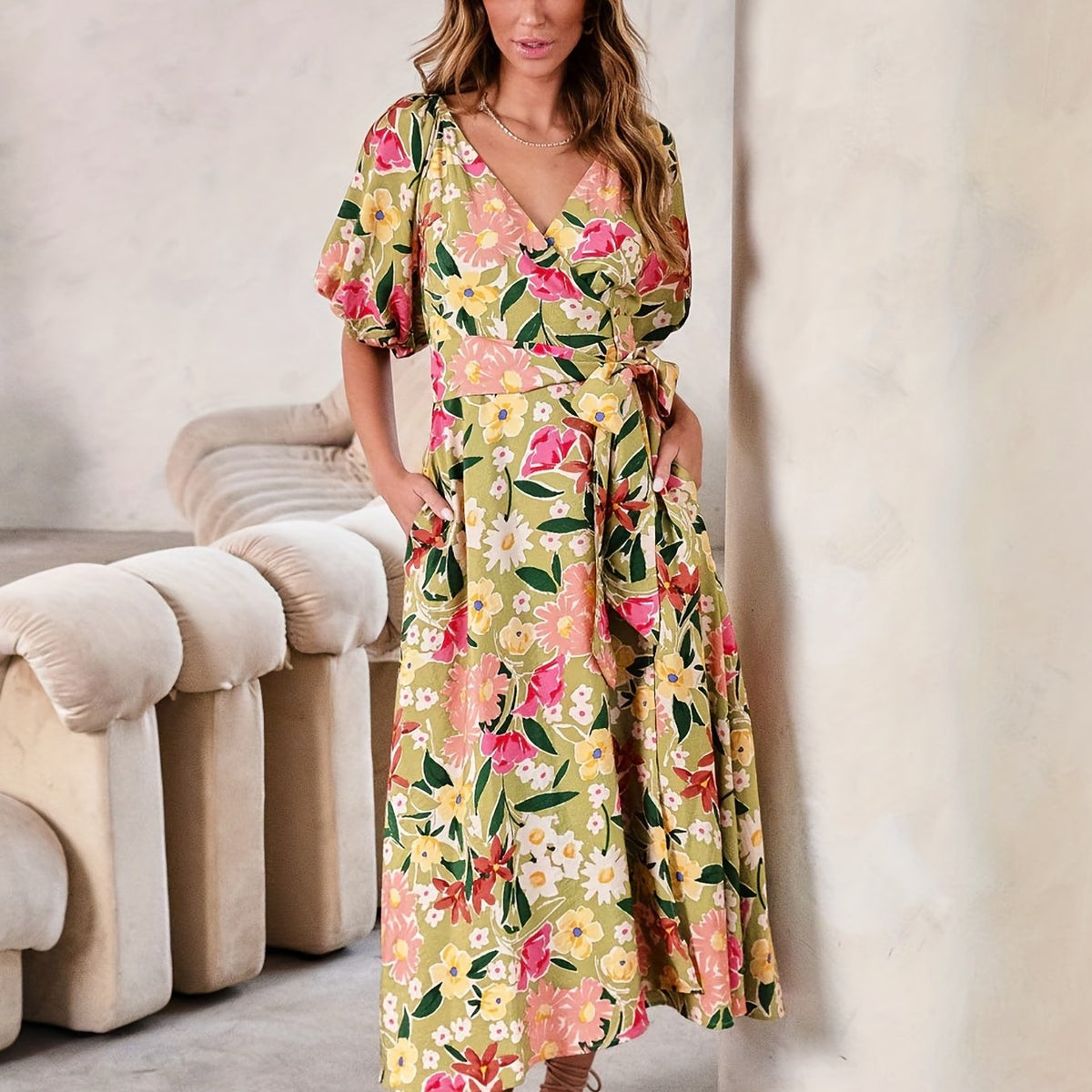 Floral Print Bubble Sleeve Maxi Belted Dress