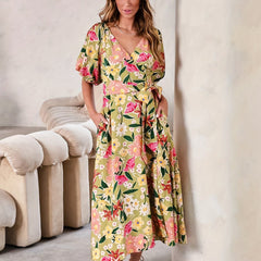 Floral Print Bubble Sleeve Maxi Belted Dress