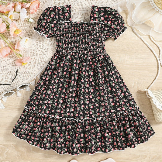 Kid Girls Floral Summer Dress Square Neck A line Princess Dress