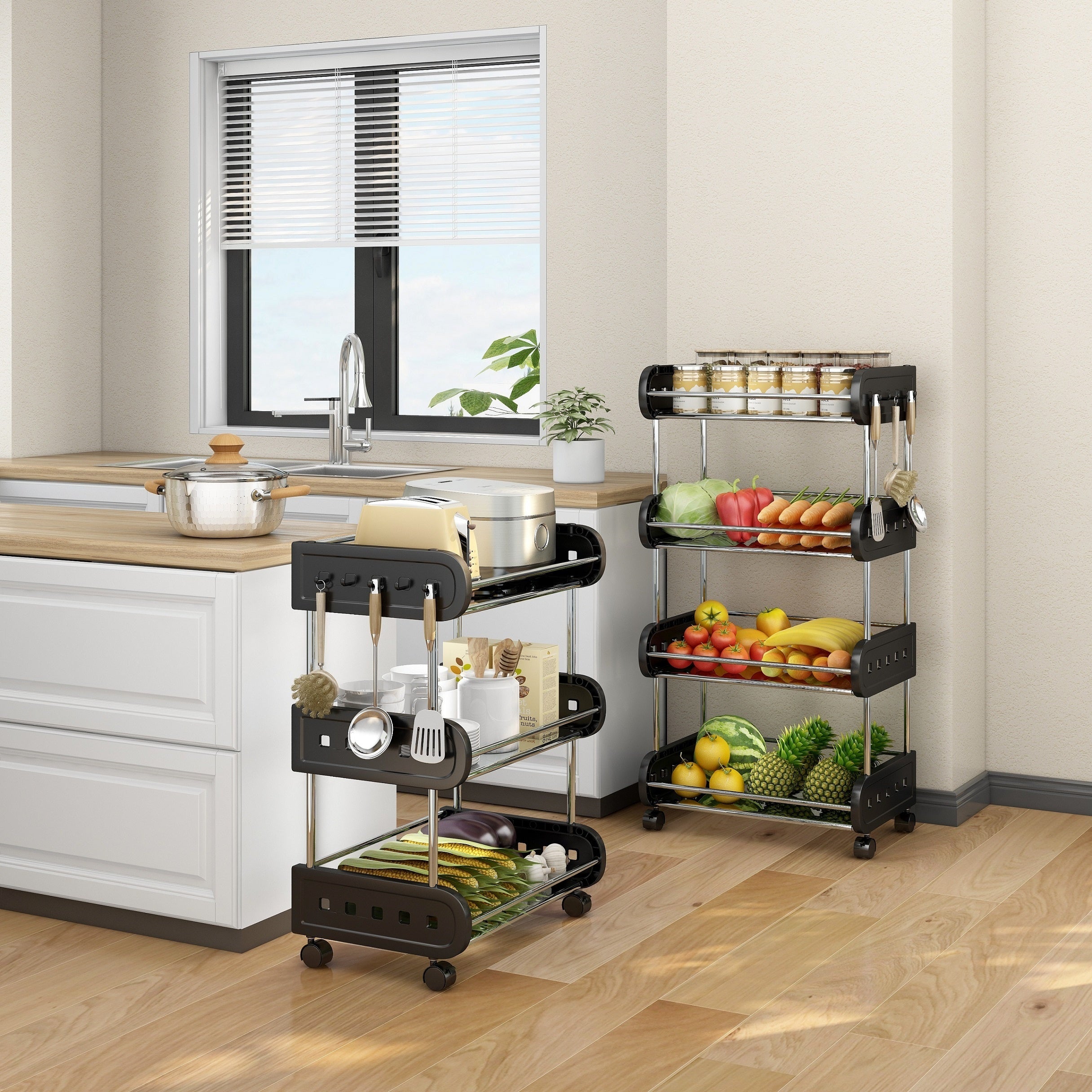 2 Tier Fruit Storage Basket Rolling Stackable Utility Cart