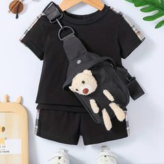 Toddler Boys Casual Outfit Set with T-shirt, Shorts, and Bear Bag