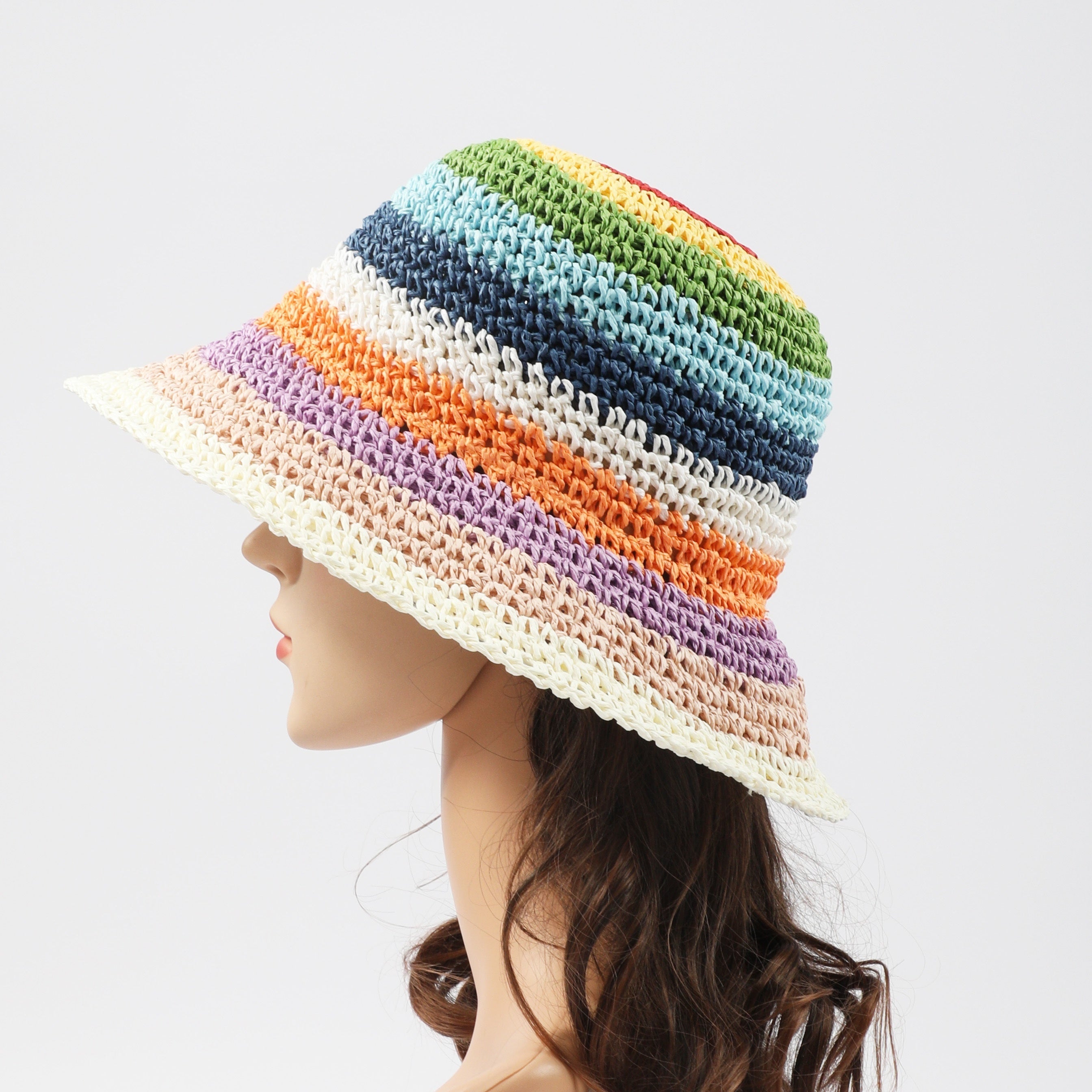 Rainbow Stripe Crochet Bucket Hat Breathable Foldable Straw Sun Hats