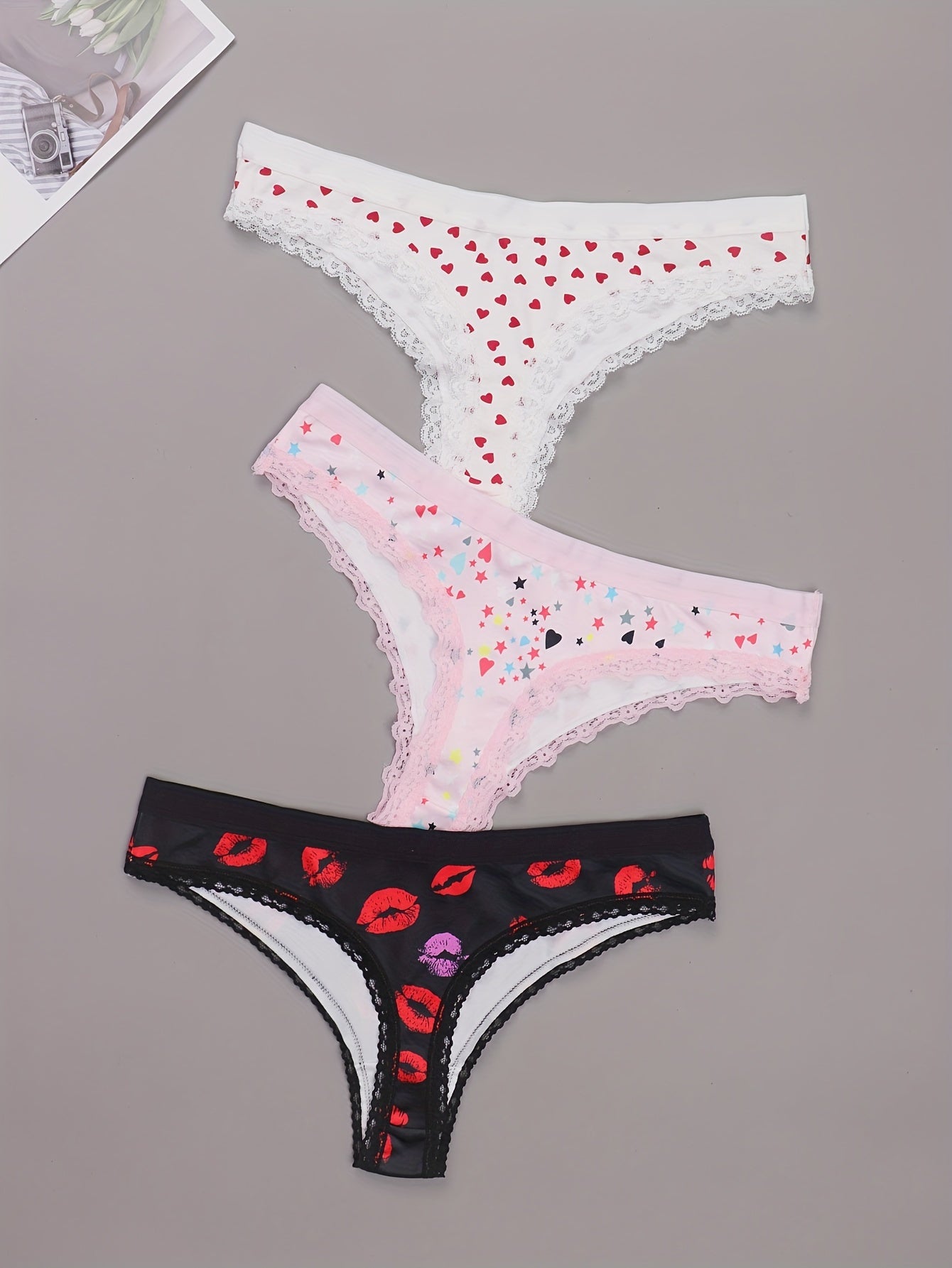 3 Pack Plus Size Panties Set Women's Plus Star & Heart & Kiss Print