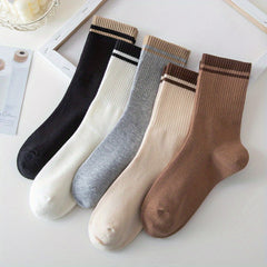 5 Pairs Striped Trim Socks Comfy & Breathable Women's Stockings