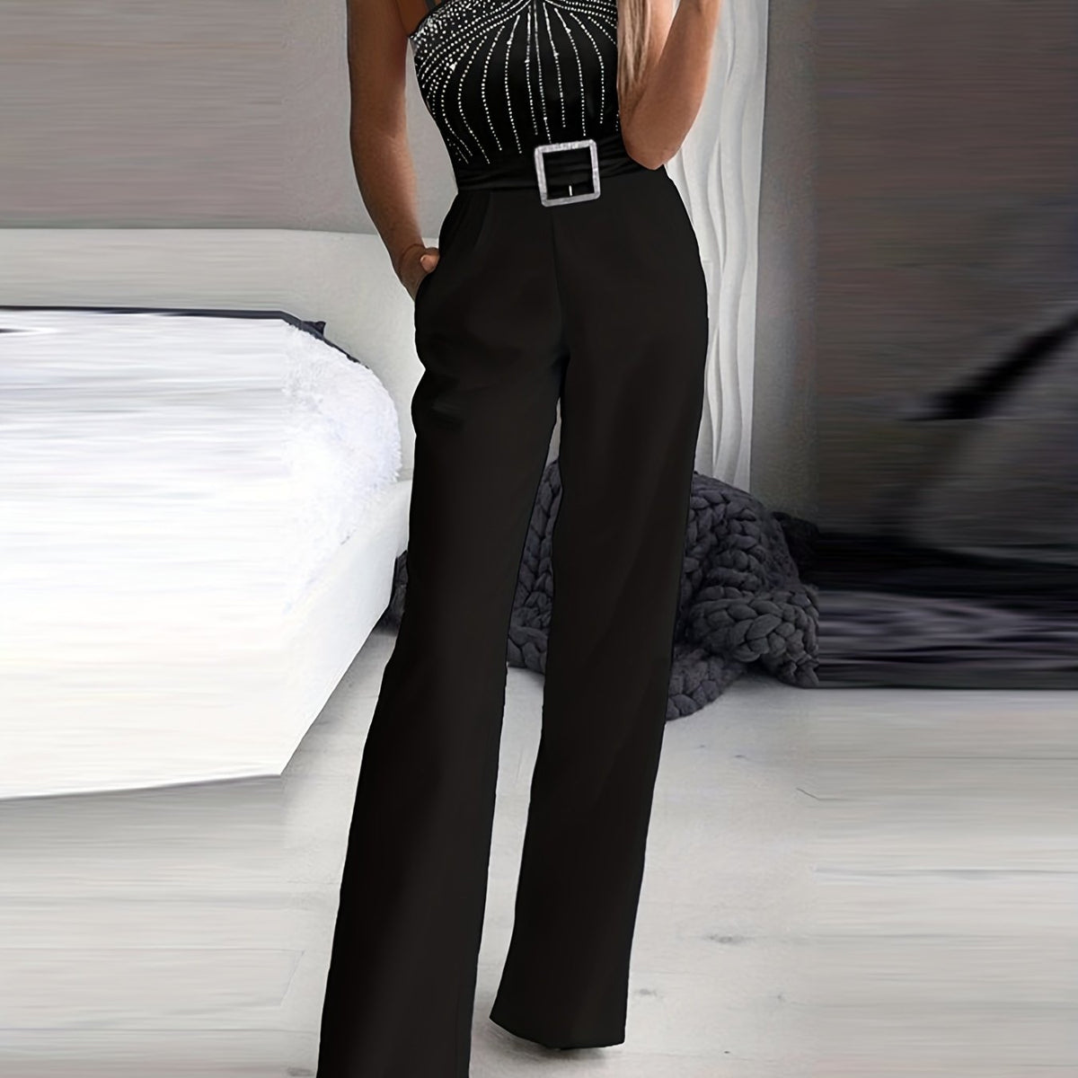 Sparkling Rhinestone Wide Leg Jumpsuit