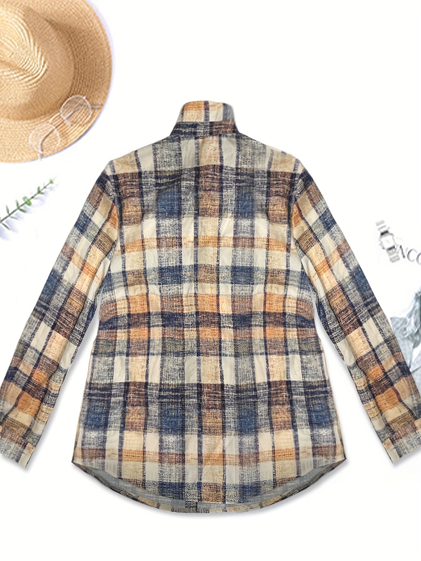  Plaid Print Button Up Long Sleeve Casual Blouse