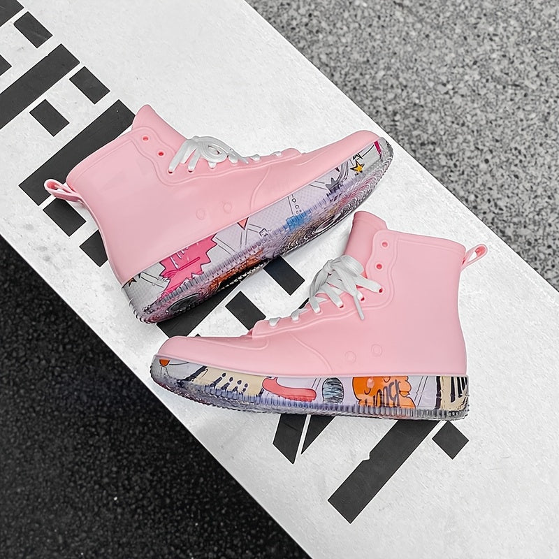 Pink Waterproof Lace-Up Platform Rain Boots for Women