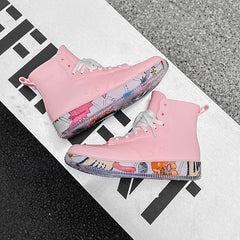 Pink Waterproof Lace-Up Platform Rain Boots for Women