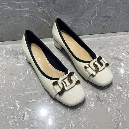 Metallic Chain Decor Slip On Square Toe Chunky Heel Dress Shoes
