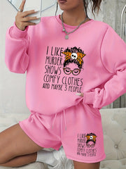  2pcs Set Women's Plus Letter & Graphic Print Sweatshirt & Shorts