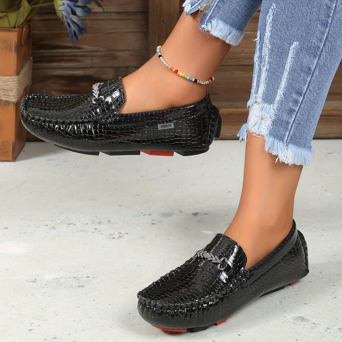 Women's Metallic Decor Loafers Slip On Low Round Toe Non-slip Patent Leather