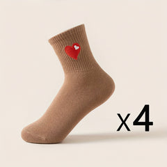 4 Pairs Heart Embroidery Socks Mid Tube Stockings