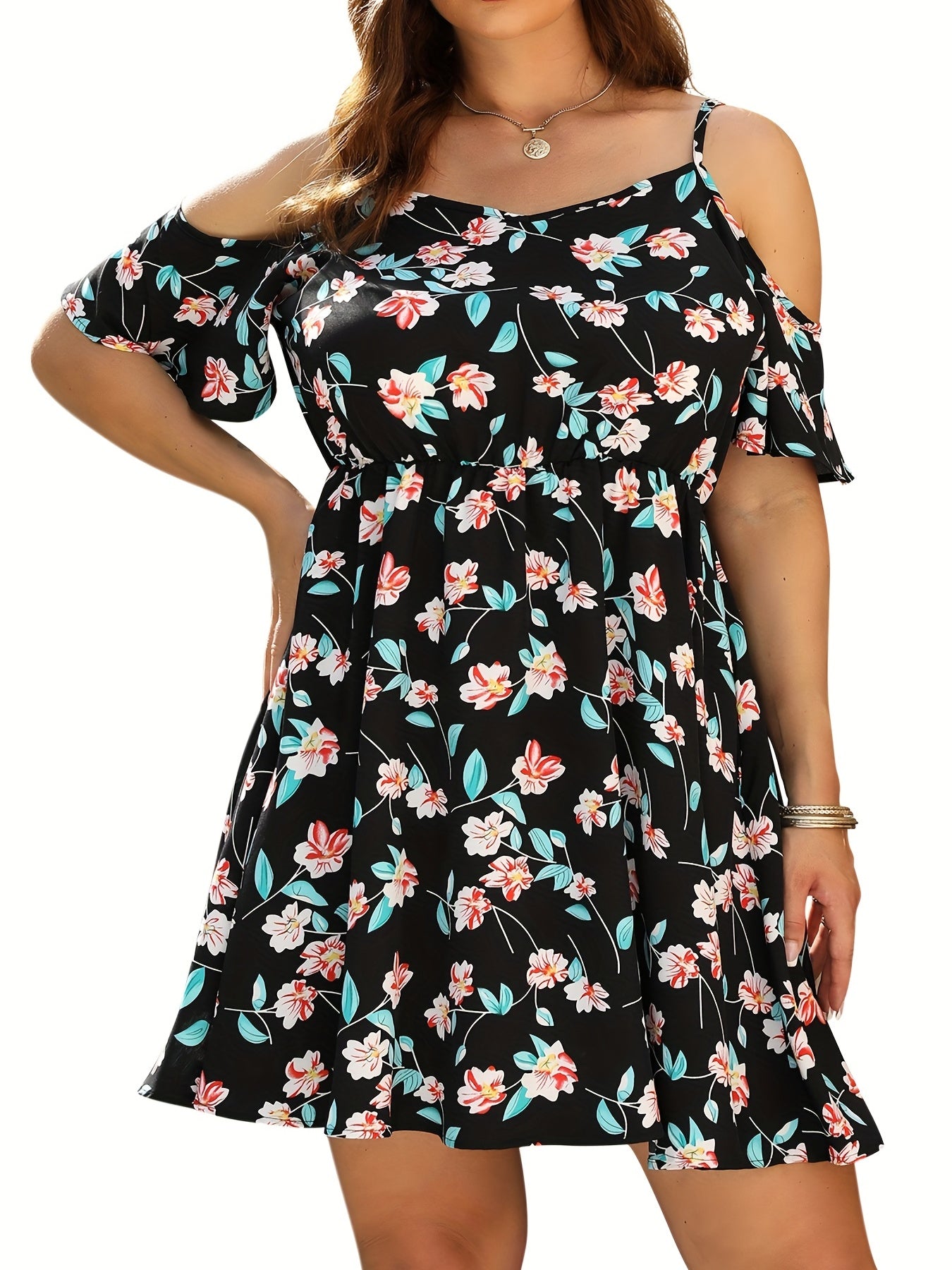  Women's Ditsy Floral Print Cold Shoulder Dress