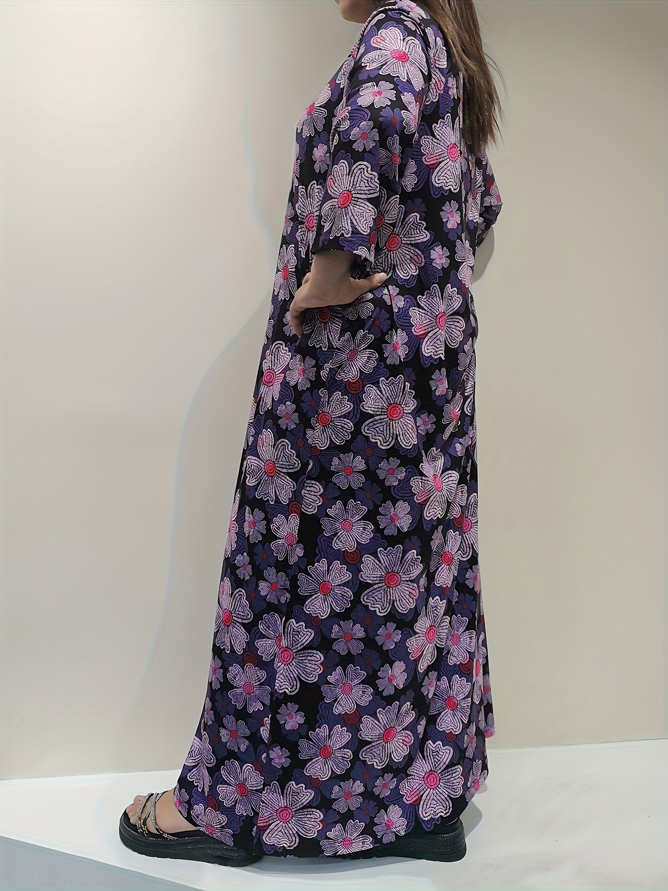 Boho Nightdress Women's Plus Floral Print Long Sleeve Round Neck Loose Sleep Dre